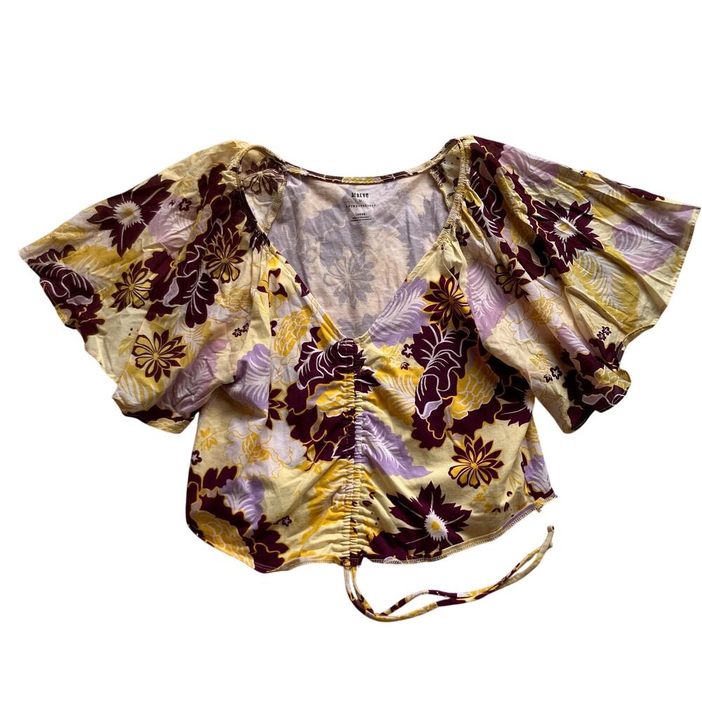Maeve Floral Flutter Sleeve Ruched Crop Top Size Large Stretch Cotton